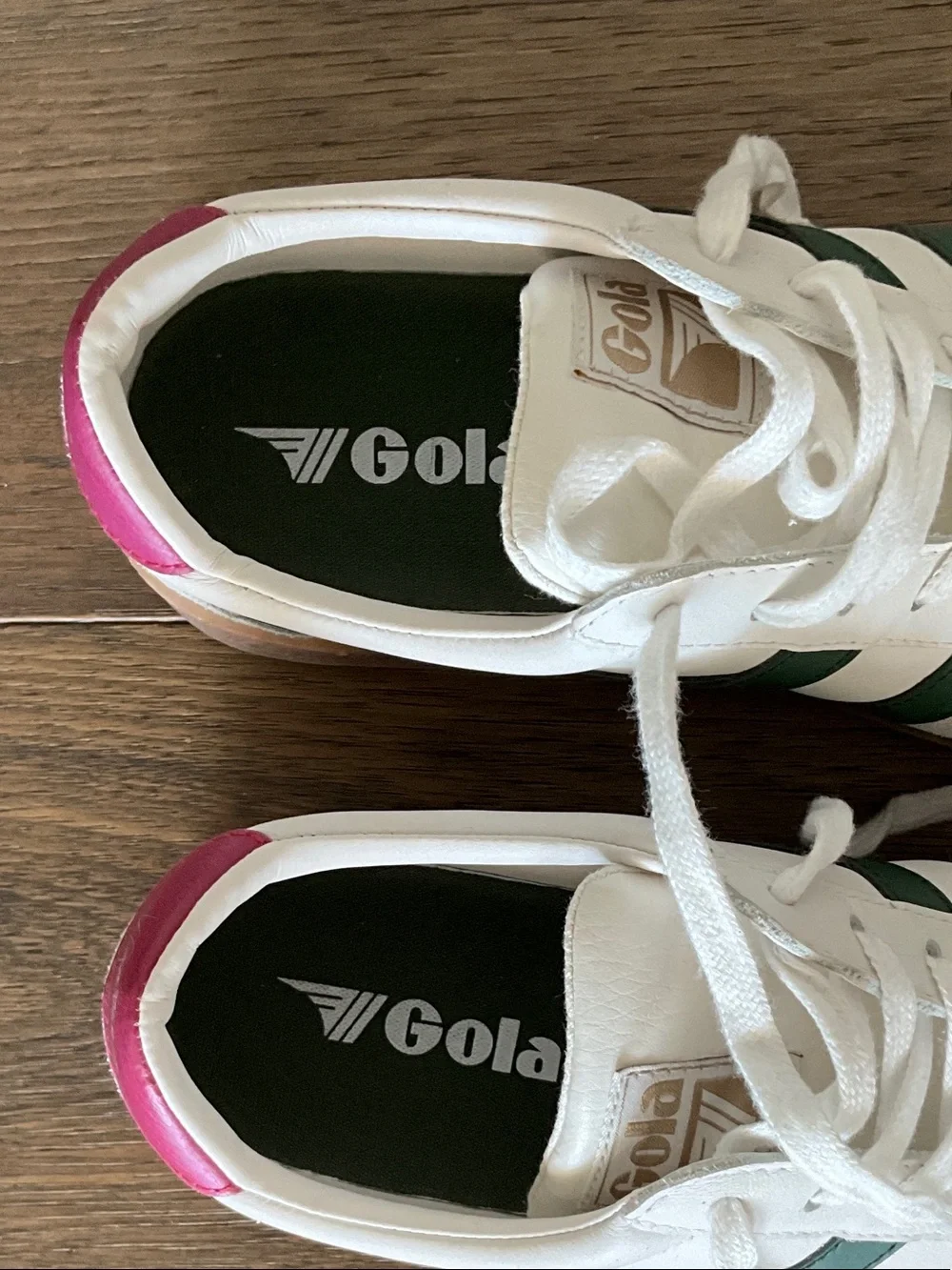 Gola White Leather Sneakers with Green Side Stripes and Pink Heel